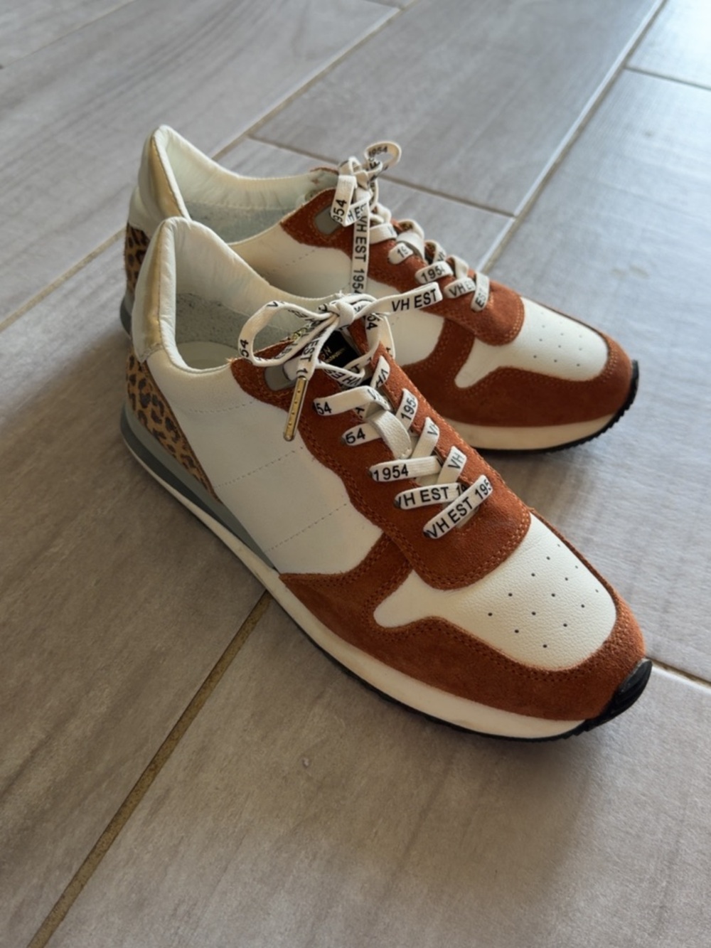 Vintage Havana White and Rust Suede Women's Sneakers with Leopard Heel